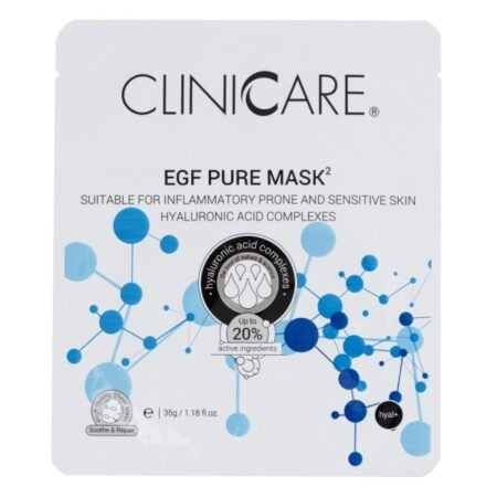 Clinicare EGF PURE, Priešuždegiminio poveikio odą atjauninanti kaukė su hialurono rūgštimi, 35ml.